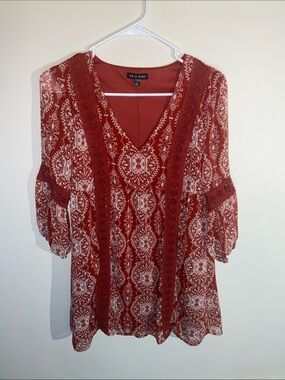 As U Wish Rust Red Paisley V-Neck Boho Mini Dress Size S